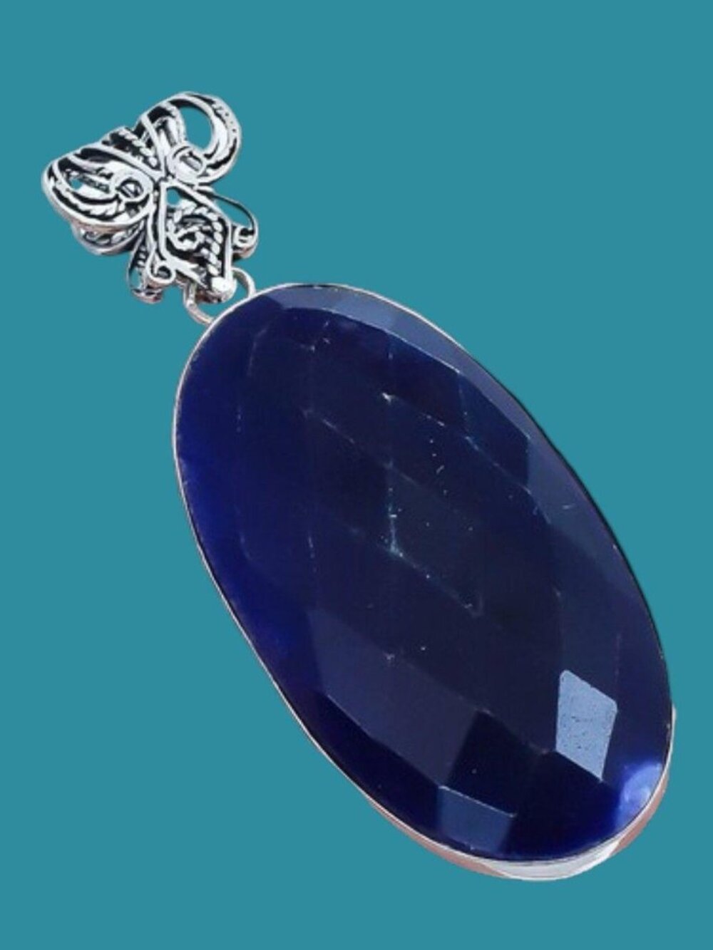 Faceted Blue Sapphire Gemstone Handmade Silver Pendant 2.8"